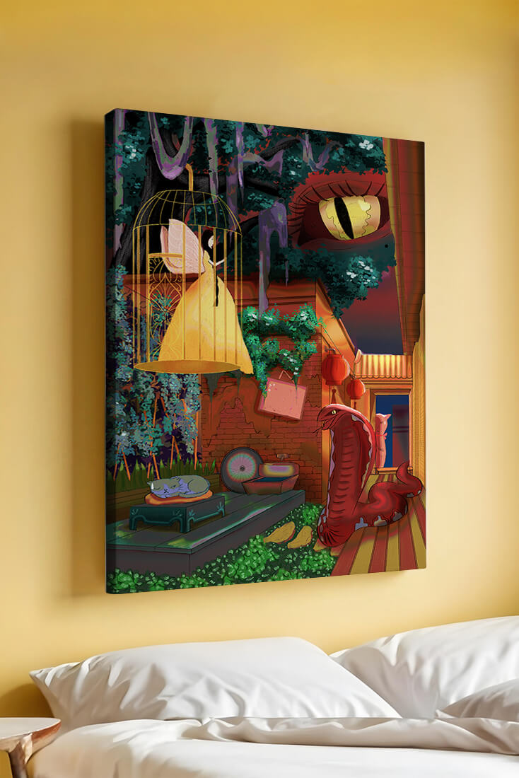 Enchanted garden with fairy, snake, and mysterious elements
