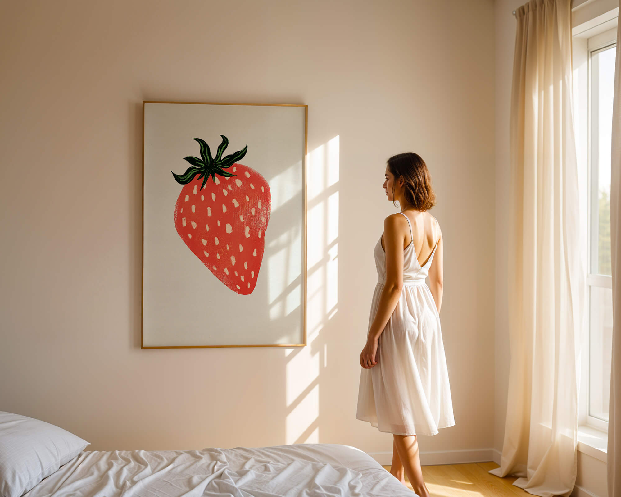Illustrative design of a vibrant red strawberry with green leaves