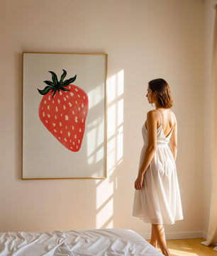 Illustrative design of a vibrant red strawberry with green leaves