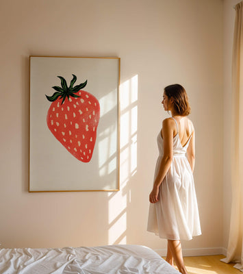 Illustrative design of a vibrant red strawberry with green leaves