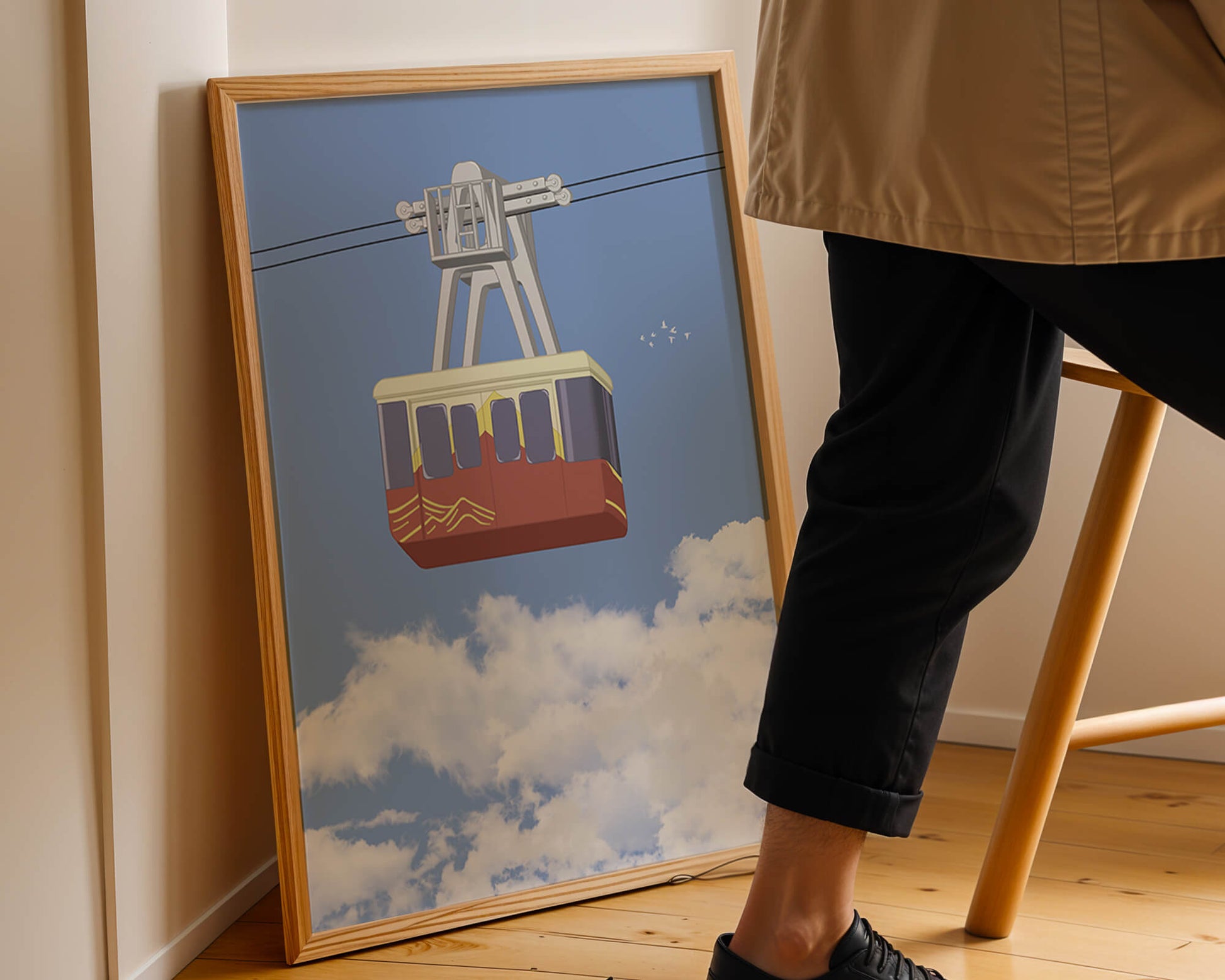Colorful cable car against a clear blue sky