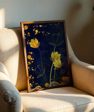 Diseño floral elegante con flores doradas sobre fondo azul marino