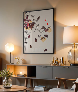 Elegant nature illustration featuring butterflies and birds on a branch