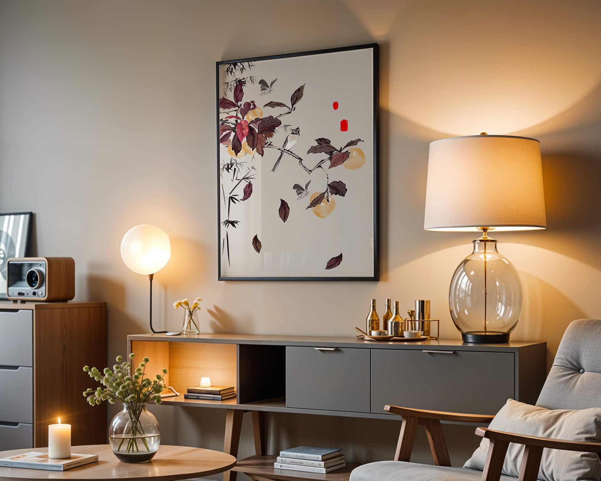 Elegant nature illustration featuring butterflies and birds on a branch