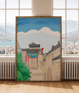 Arquitectura china tradicional con toques vibrantes y fondo escénico