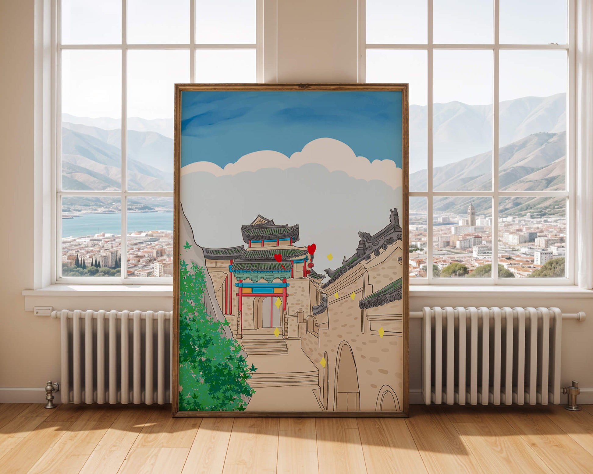 Arquitectura china tradicional con toques vibrantes y fondo escénico
