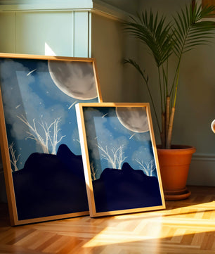 Paysage nocturne d'hiver avec arbres nus et pleine lune