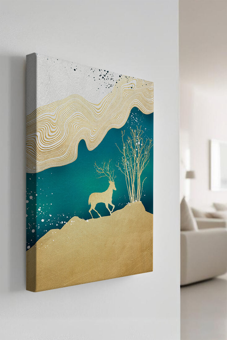 Elegante arte abstracto con ciervos dorados y temática de naturaleza.