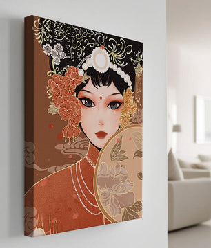 Elegante retrato de una mujer asiática con atuendo tradicional y elementos florales