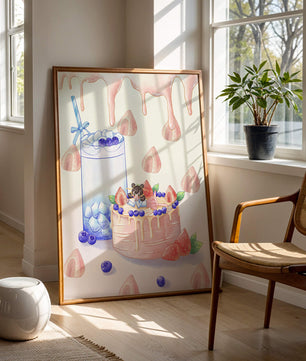 Escena de postre caprichosa con pastel y bebida con acentos juguetones