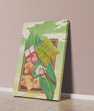 Traditional dumplings wrapped in leaves with ingredients on a vibrant background