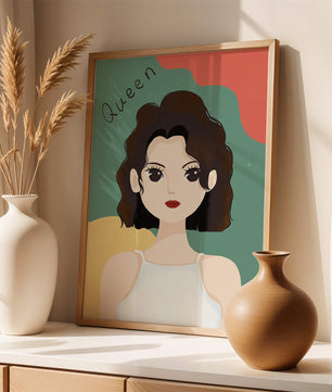 Stylized illustration of a confident woman with abstract background