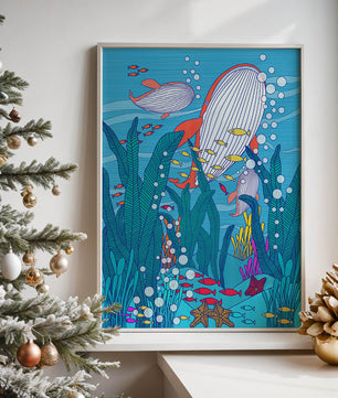 Underwater world illustration with whales and fish amidst seaweed