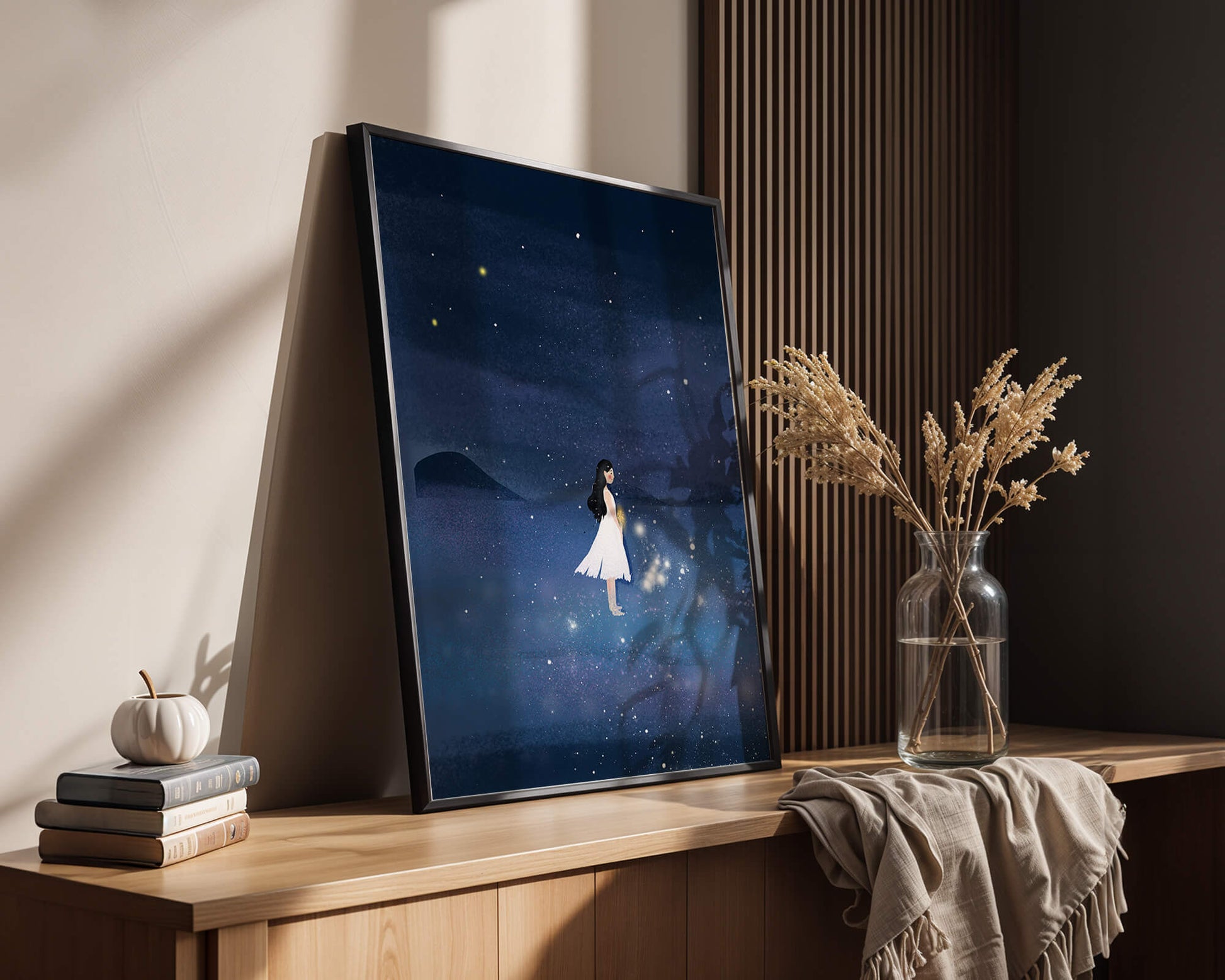 Girl in White Dress Gazing at Starry Night Sky