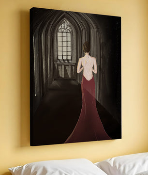 Elegant woman in a red dress inside a gothic hallway