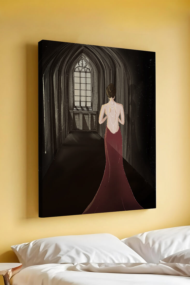 Elegant woman in a red dress inside a gothic hallway