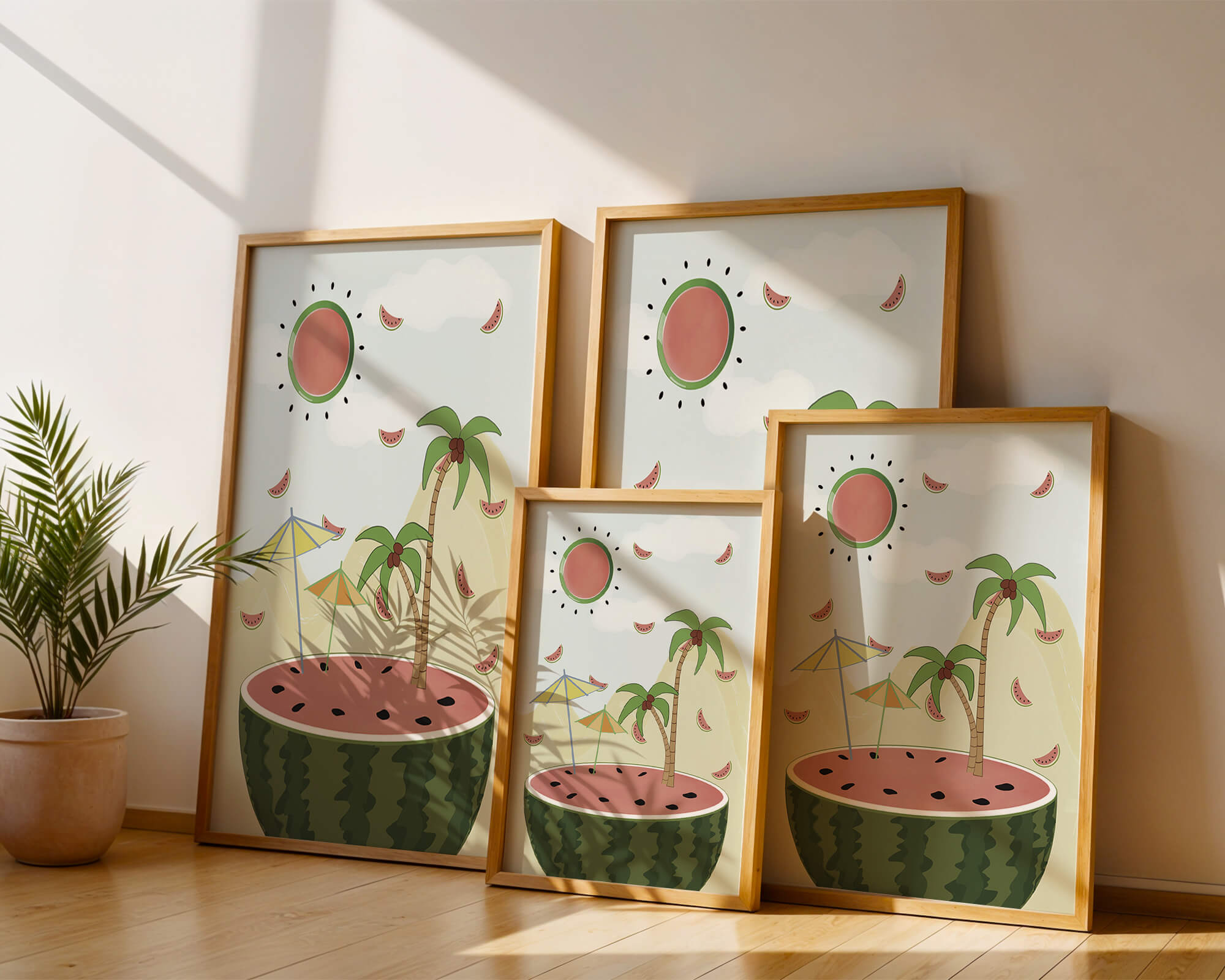 Summer Paradise with Watermelon Sun and Palms in Surreal Landscape
