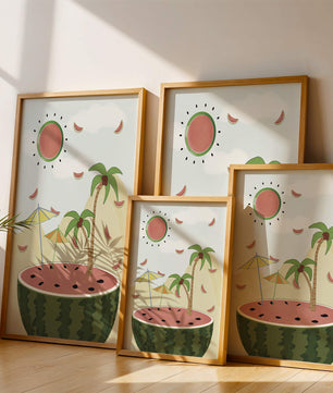 Summer Paradise with Watermelon Sun and Palms in Surreal Landscape