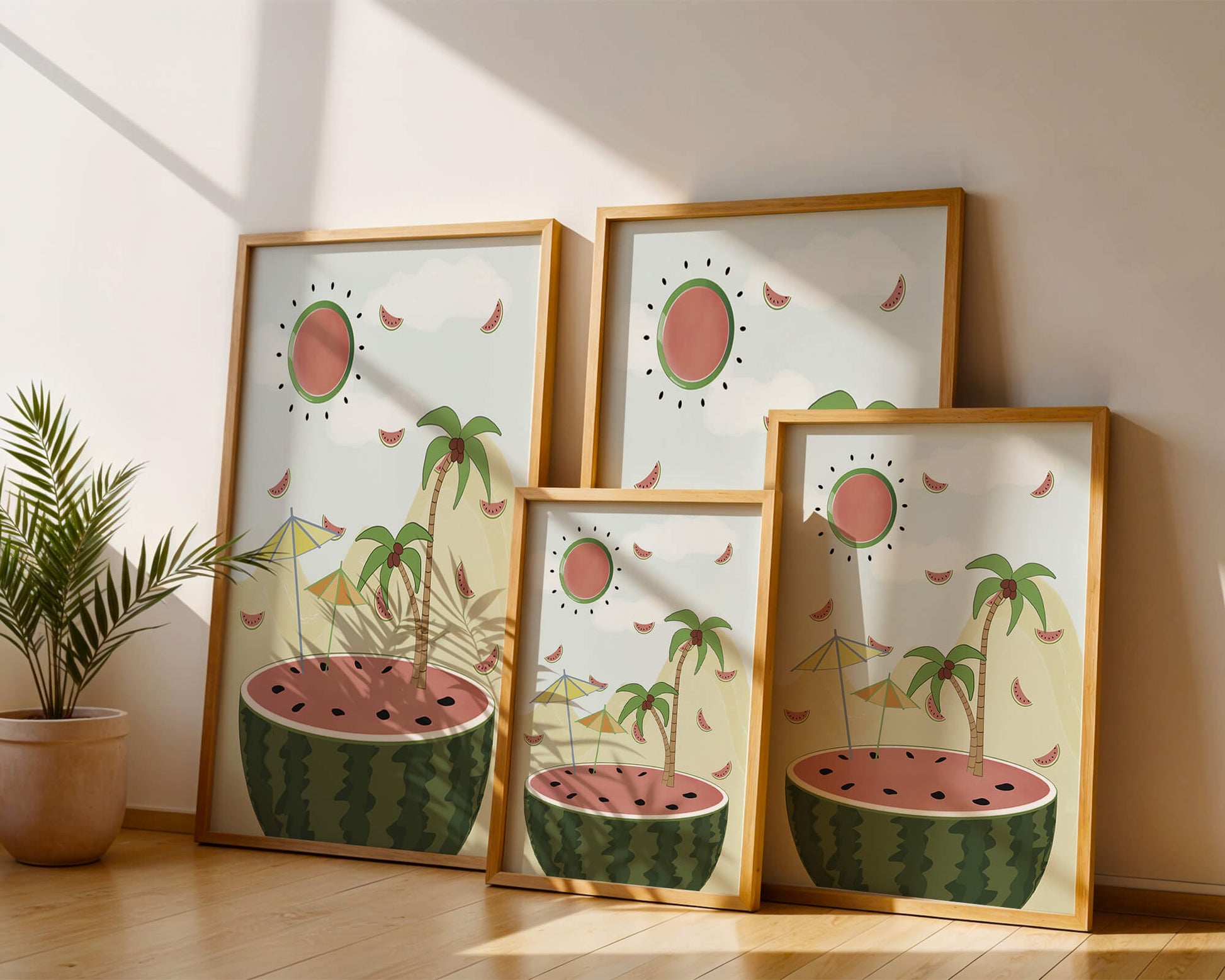 Summer Paradise with Watermelon Sun and Palms in Surreal Landscape