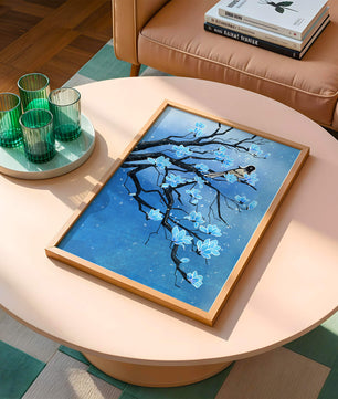Blue Blossoms on Branch with Bird in Winter Scene