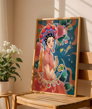 Traditional Asian-inspired illustration with jewelry and floral accents
