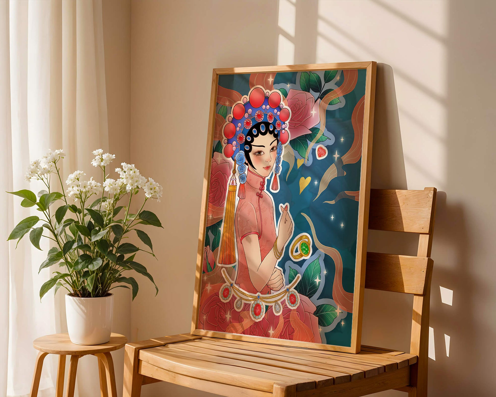 Traditional Asian-inspired illustration with jewelry and floral accents