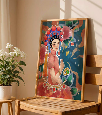 Traditional Asian-inspired illustration with jewelry and floral accents