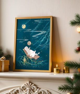 Adorable ilustración de un gato relajándose en un jardín iluminado por la luna con linterna