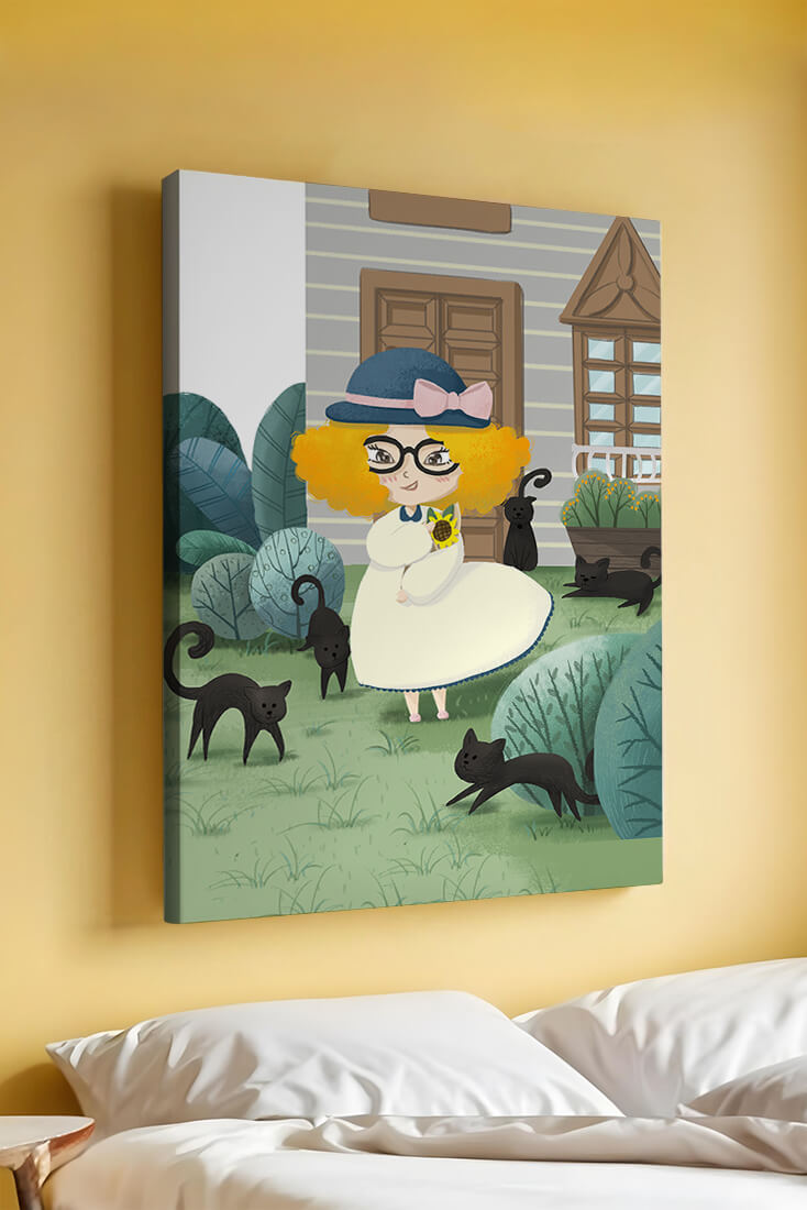 Girl with black cats in a garden setting with floral background
