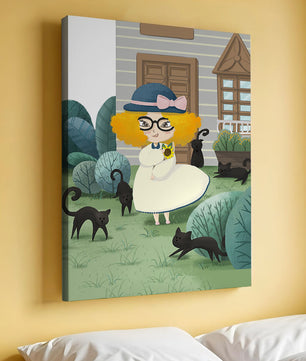 Girl with black cats in a garden setting with floral background