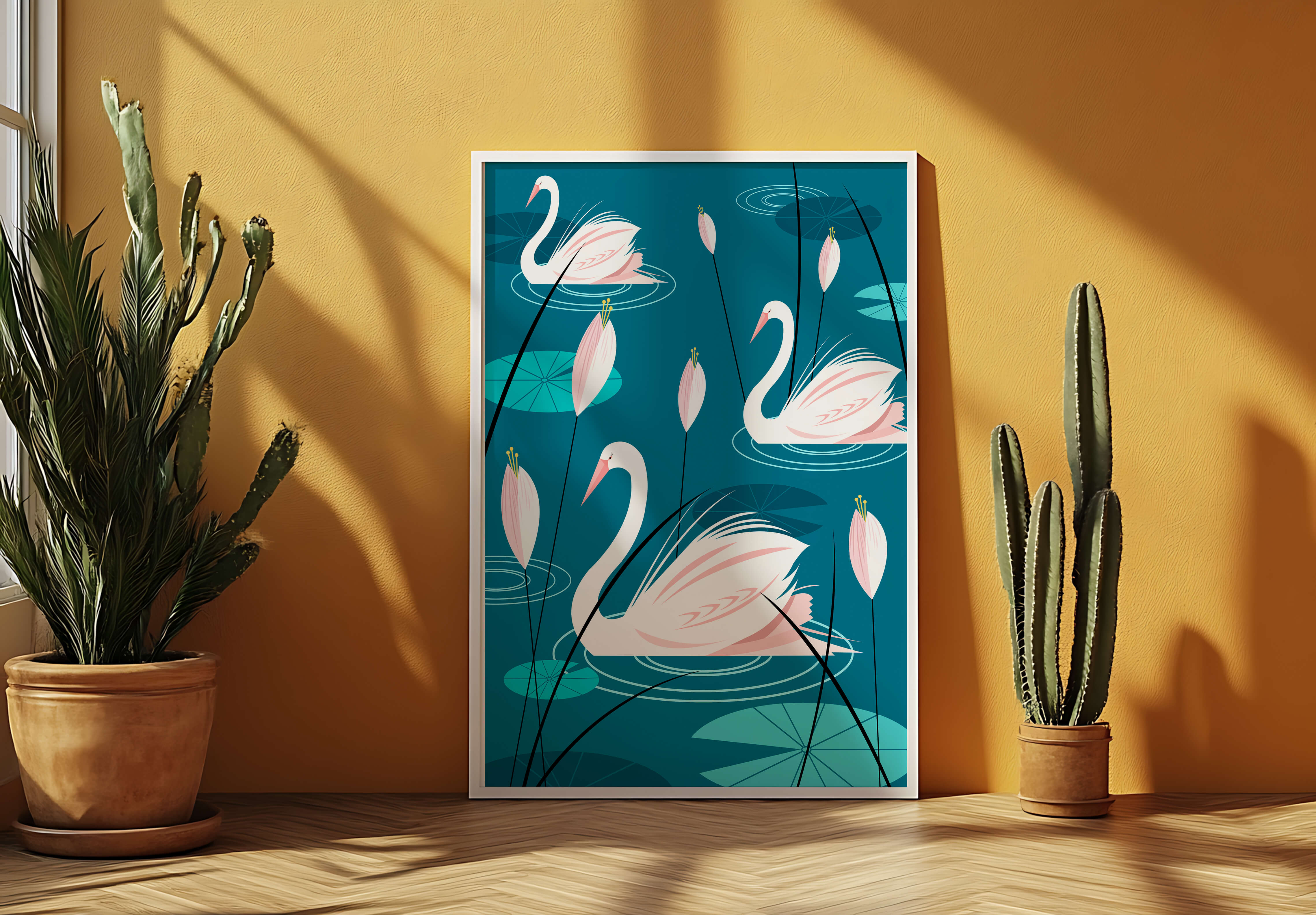 Serene illustration of swans gracefully gliding on a pond with lily pads