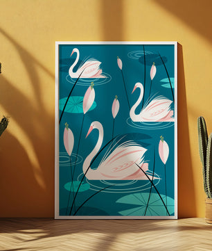 Serene illustration of swans gracefully gliding on a pond with lily pads