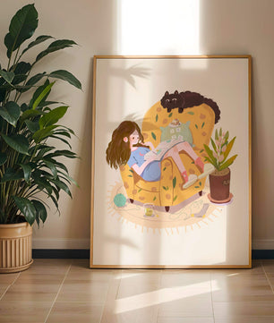 Cozy Reading Corner with Relaxed Girl and Cat