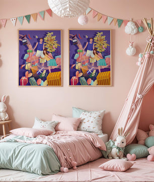 Illustration d'une expérience de shopping joyeuse en famille avec des cadeaux et des couleurs vives