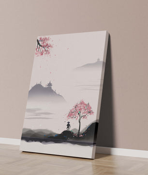 Paisaje sereno con árbol de cerezo y pagodas distantes