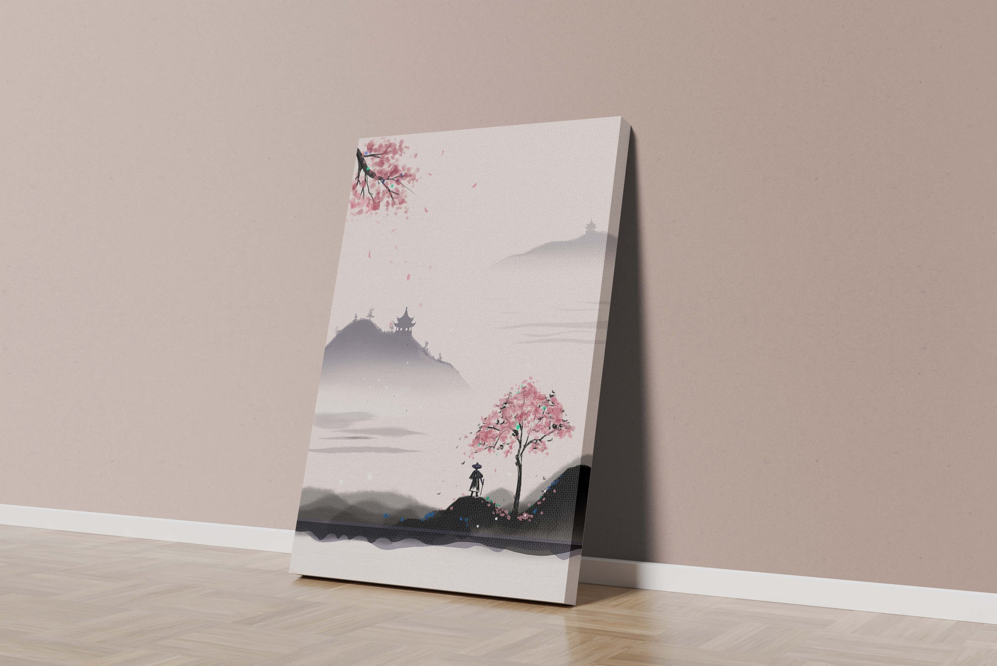 Paisaje sereno con árbol de cerezo y pagodas distantes