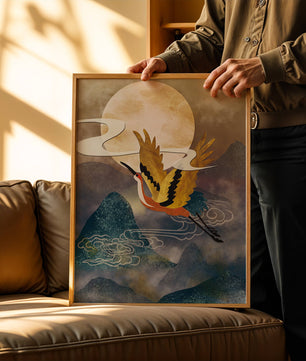 Majestic Gold-Crimson Crane Flying Over Misty Mountains in Moonlight