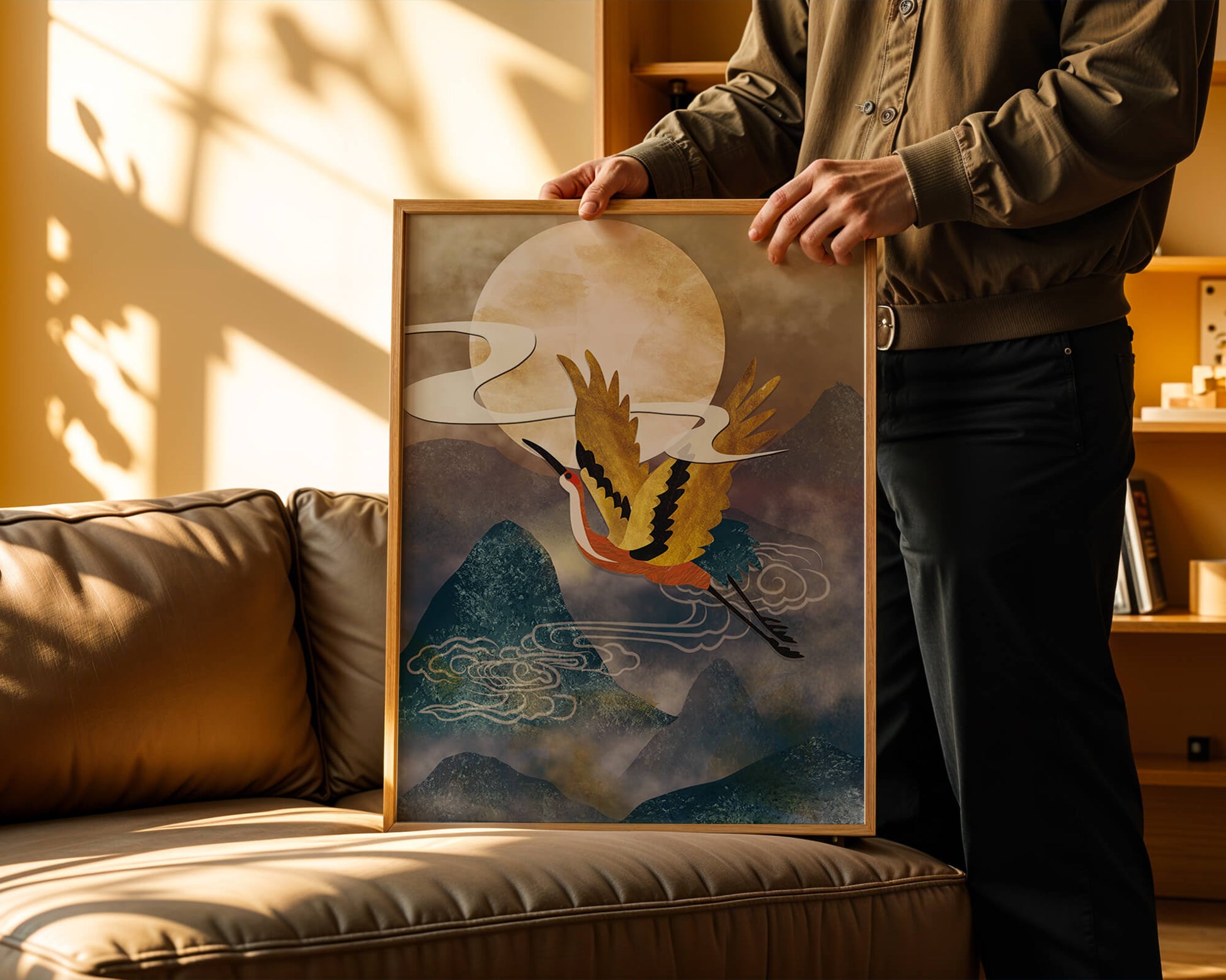 Majestic Gold-Crimson Crane Flying Over Misty Mountains in Moonlight