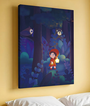 Little Girl in Red Hood Exploring Enchanted Forest at Night with Owl and Bear
