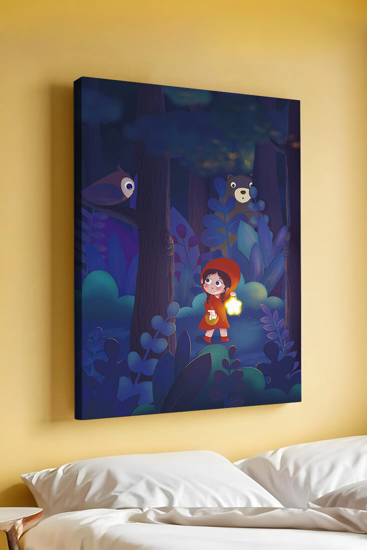 Little Girl in Red Hood Exploring Enchanted Forest at Night with Owl and Bear