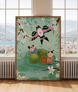 Children Playing on Lotus Leaves with Kite and Cherry Blossoms