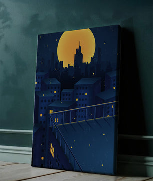 Stadtdach bei Nacht mit beleuchteten Fenstern und Vollmond