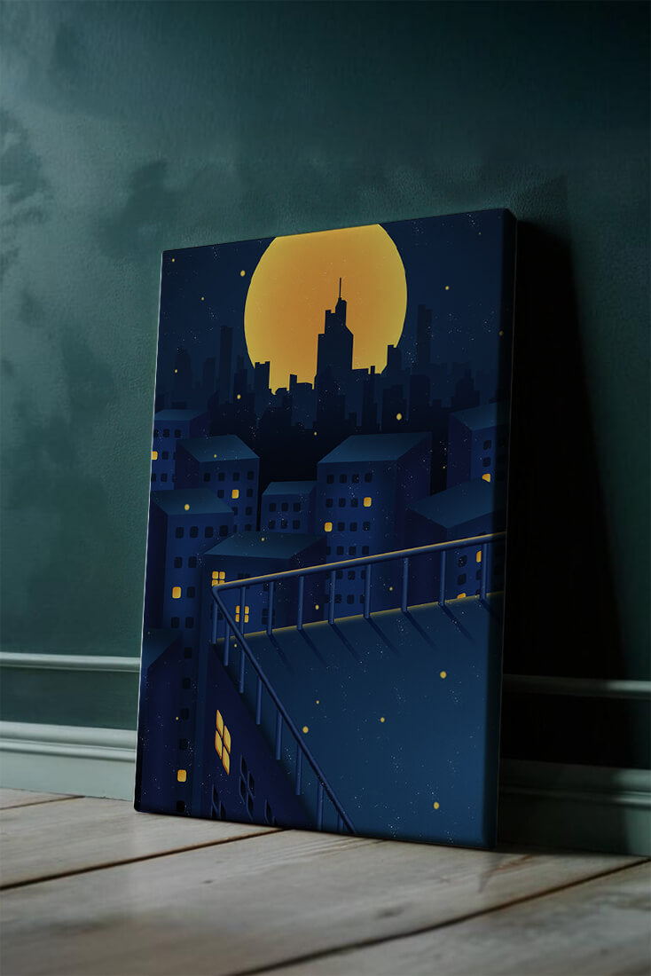 City Rooftop at Night with Illuminated Windows and Full Moon