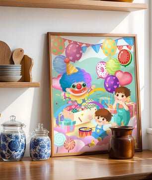 Colorful clown-themed children's party with balloons and toys