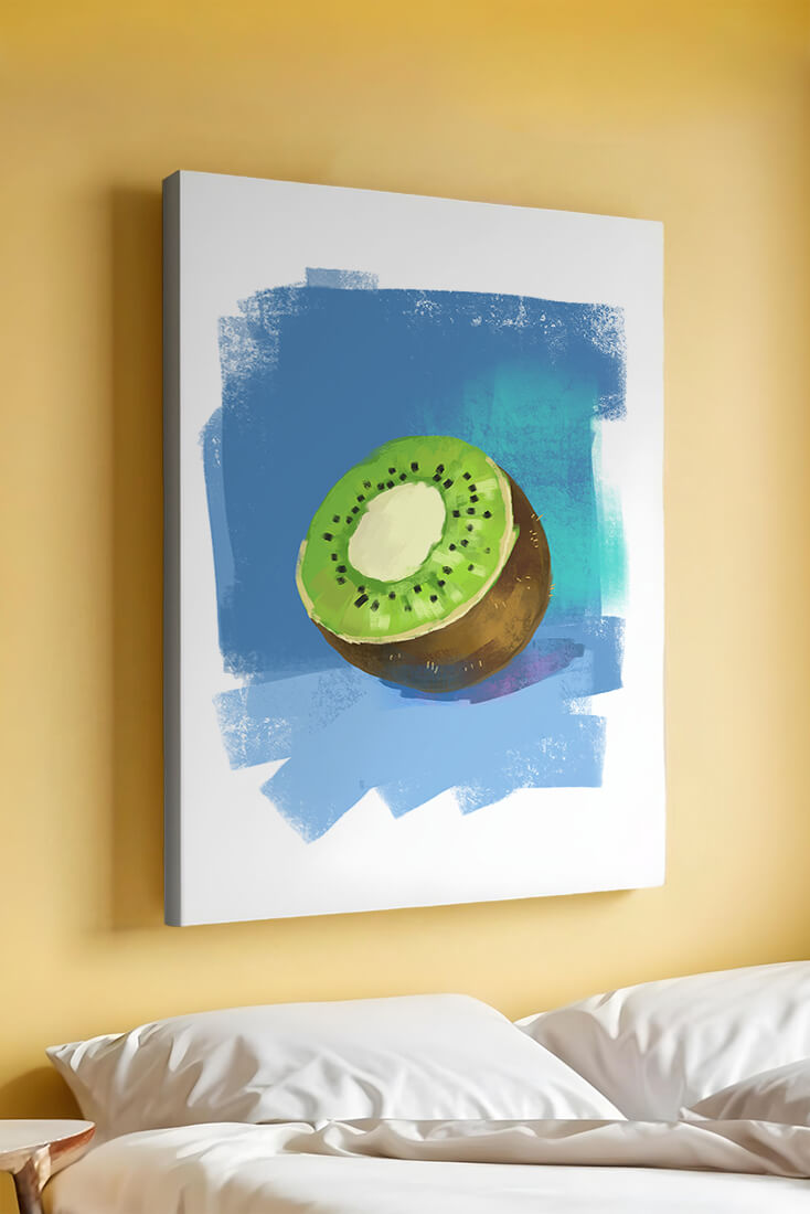 Illustration of a kiwi with a textured blue background