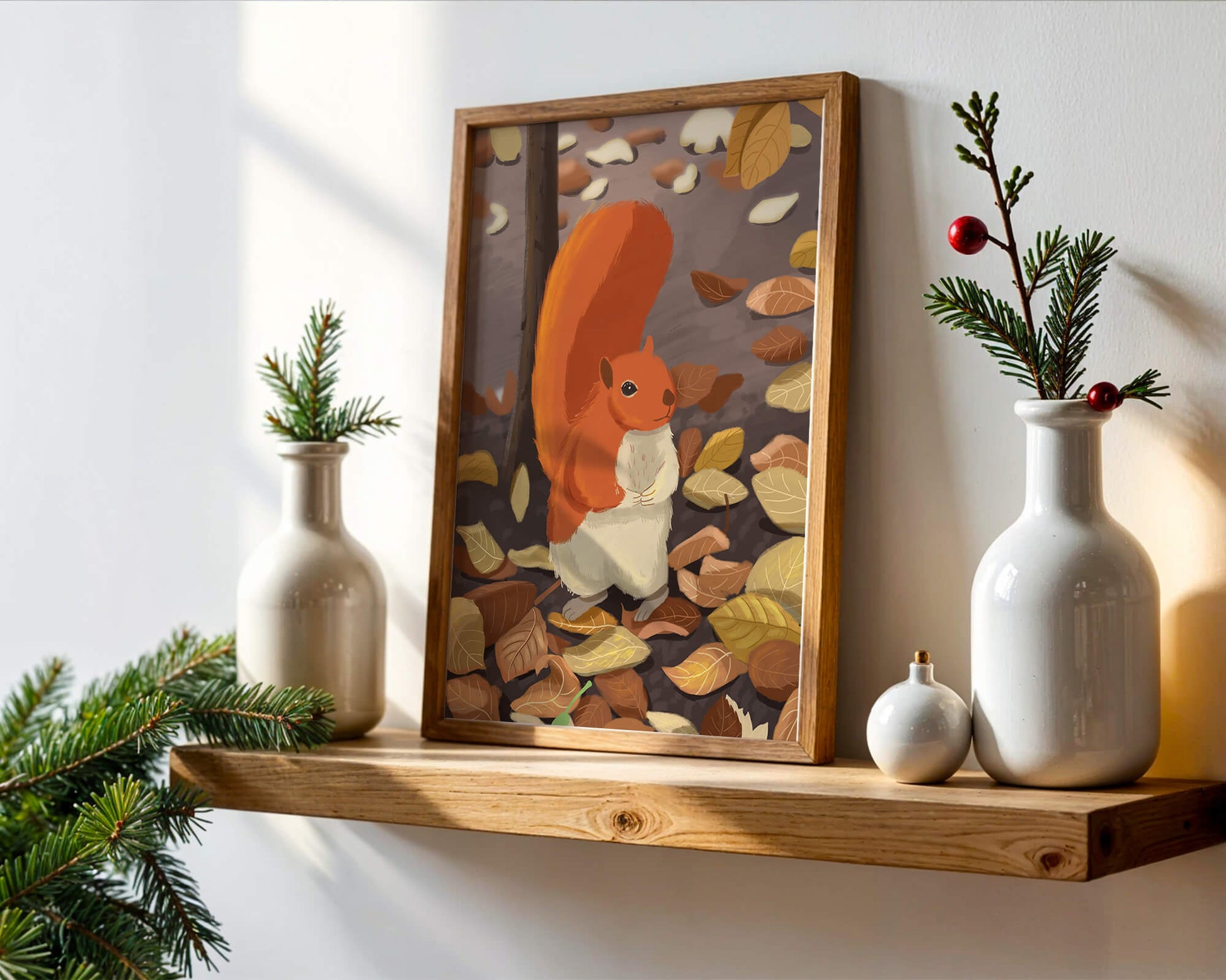 Illustration of a cute squirrel among autumn leaves