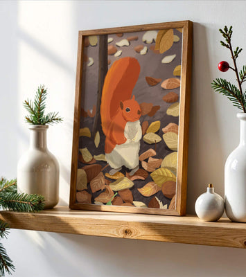 Illustration of a cute squirrel among autumn leaves