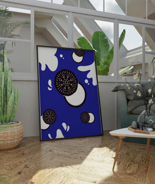 Graphic design featuring cookies and milk splashes on blue background