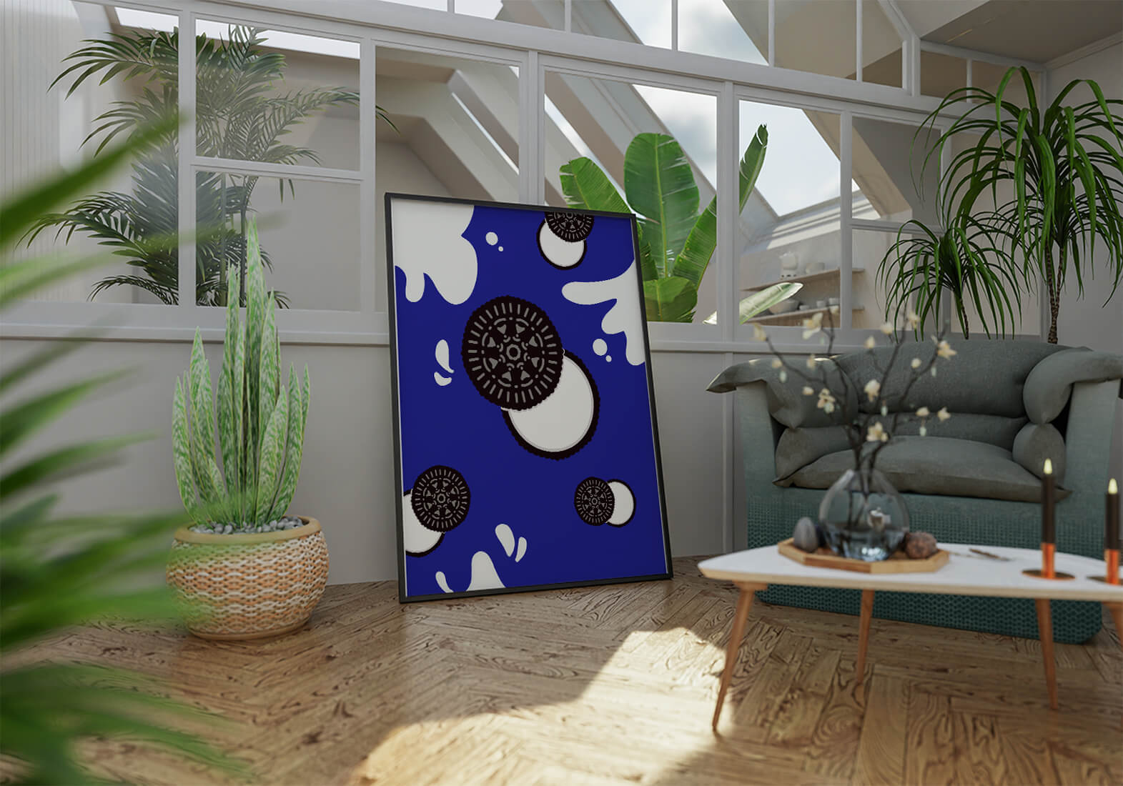 Graphic design featuring cookies and milk splashes on blue background