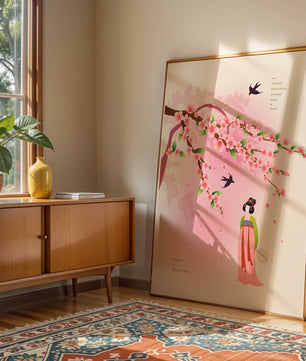 Art chinois traditionnel avec des fleurs de cerisier et une silhouette élégante